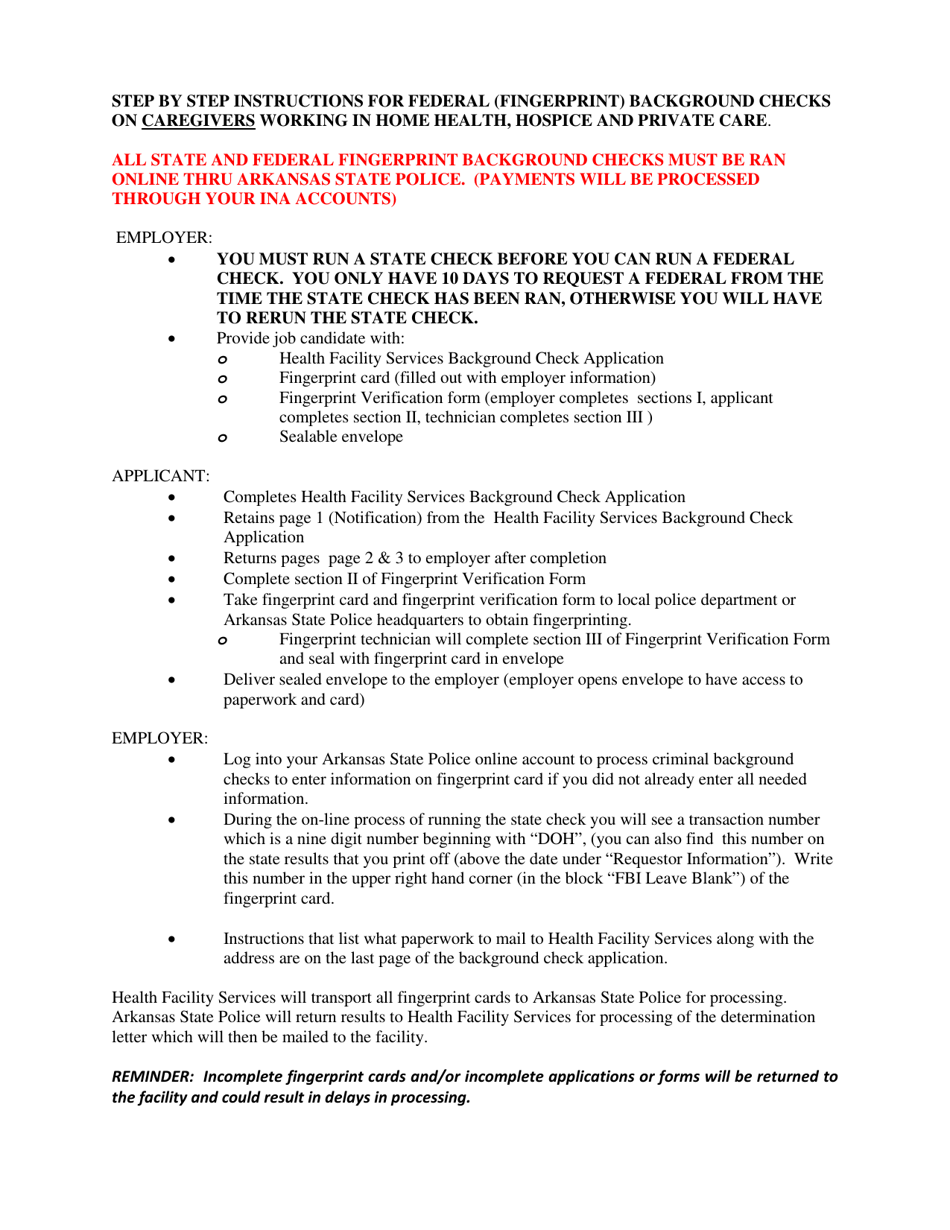 Federal (Fingerprint) Background Check Instructions - Arkansas, Page 1