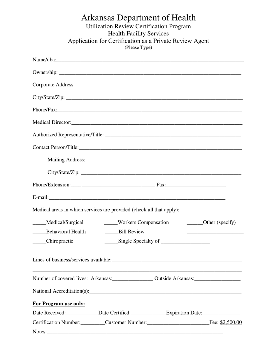 Arkansas Application for Certification as a Private Review Agent Fill