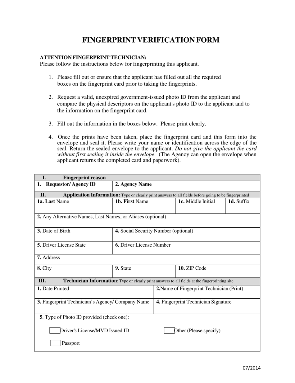 Fingerprint Verification Form - Arkansas, Page 1