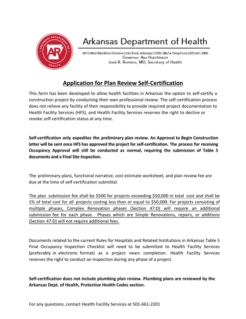 Application for Plan Review Self-certification - Arkansas