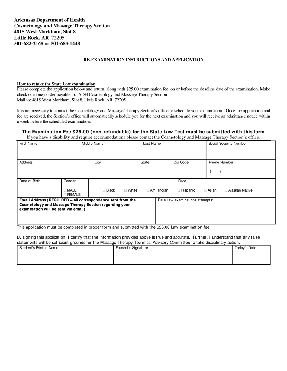 Massage School Re-examination Application - Arkansas, Page 1