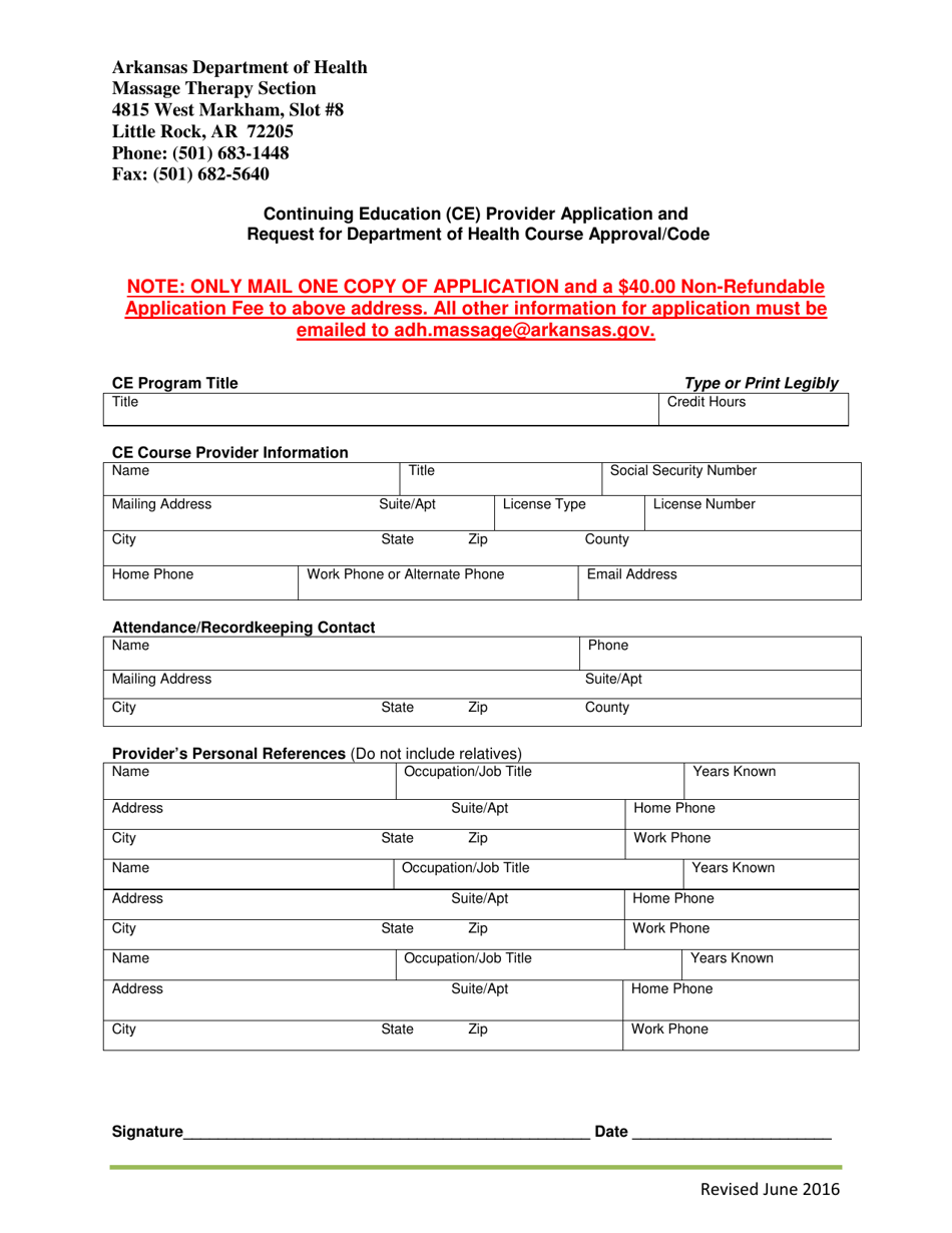 Continuing Education (Ce) Provider Application and Request for Department of Health Course Approval / Code - Arkansas, Page 1