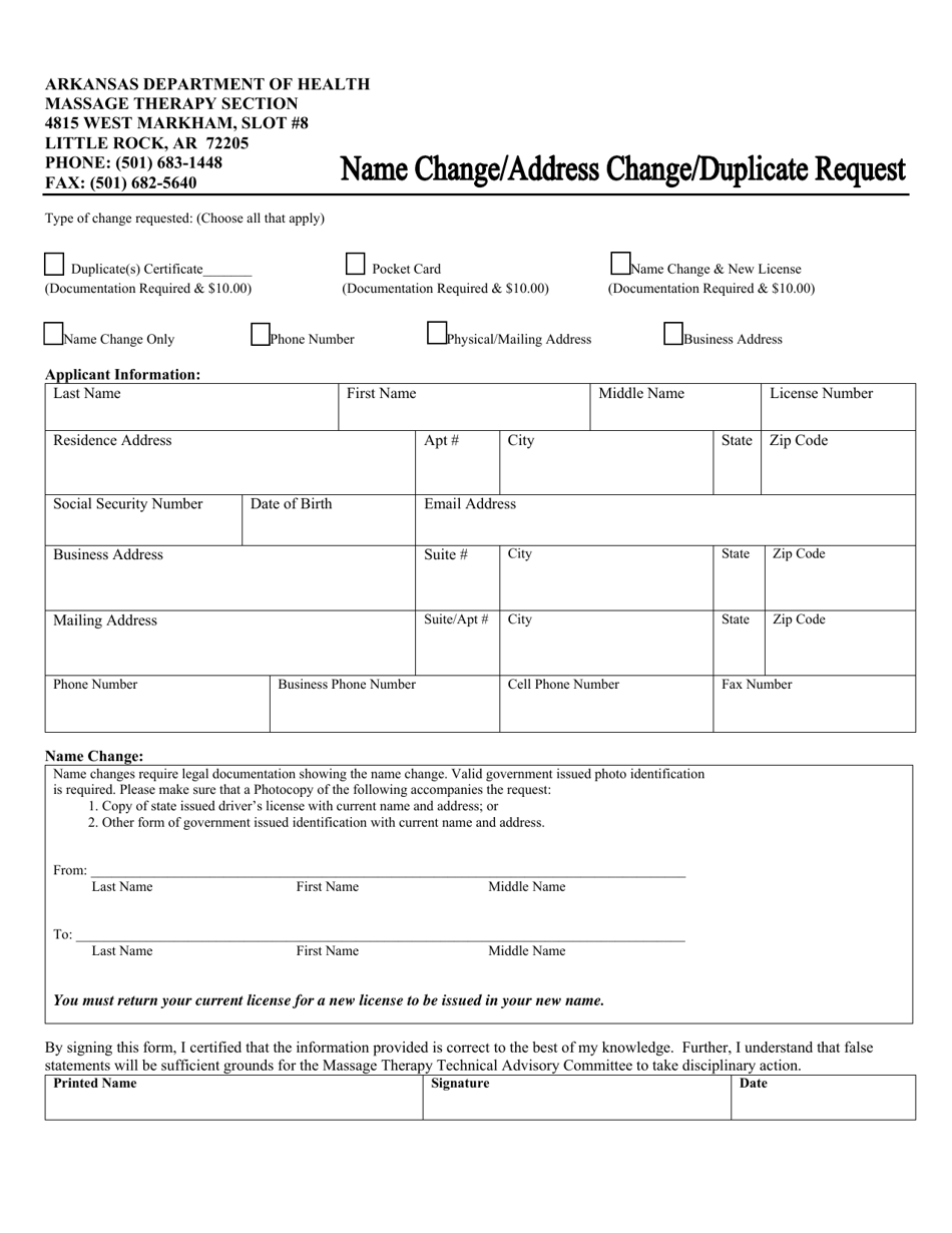 Name Change / Address Change / Duplicate Request - Arkansas, Page 1