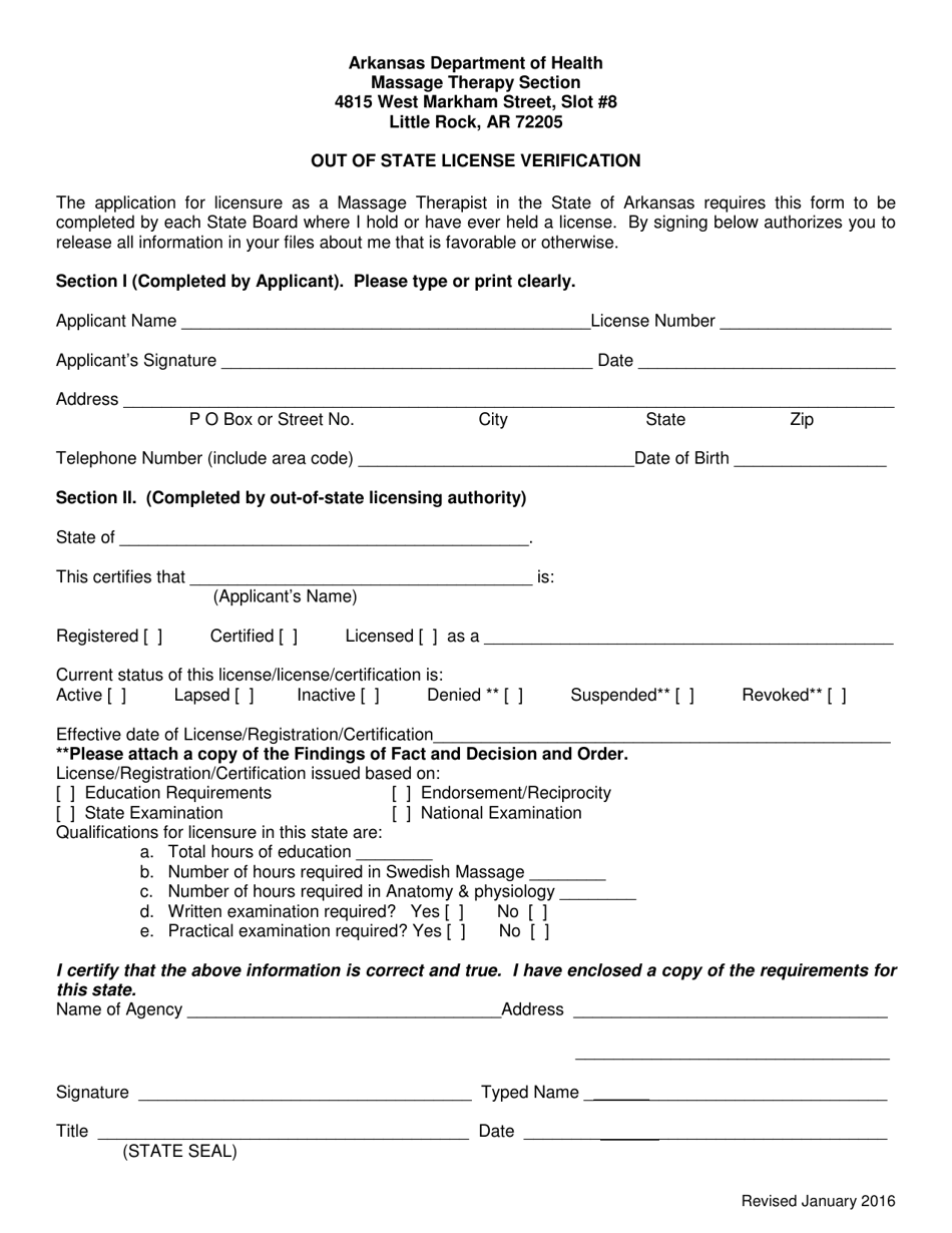 Out of State License Verification - Arkansas, Page 1