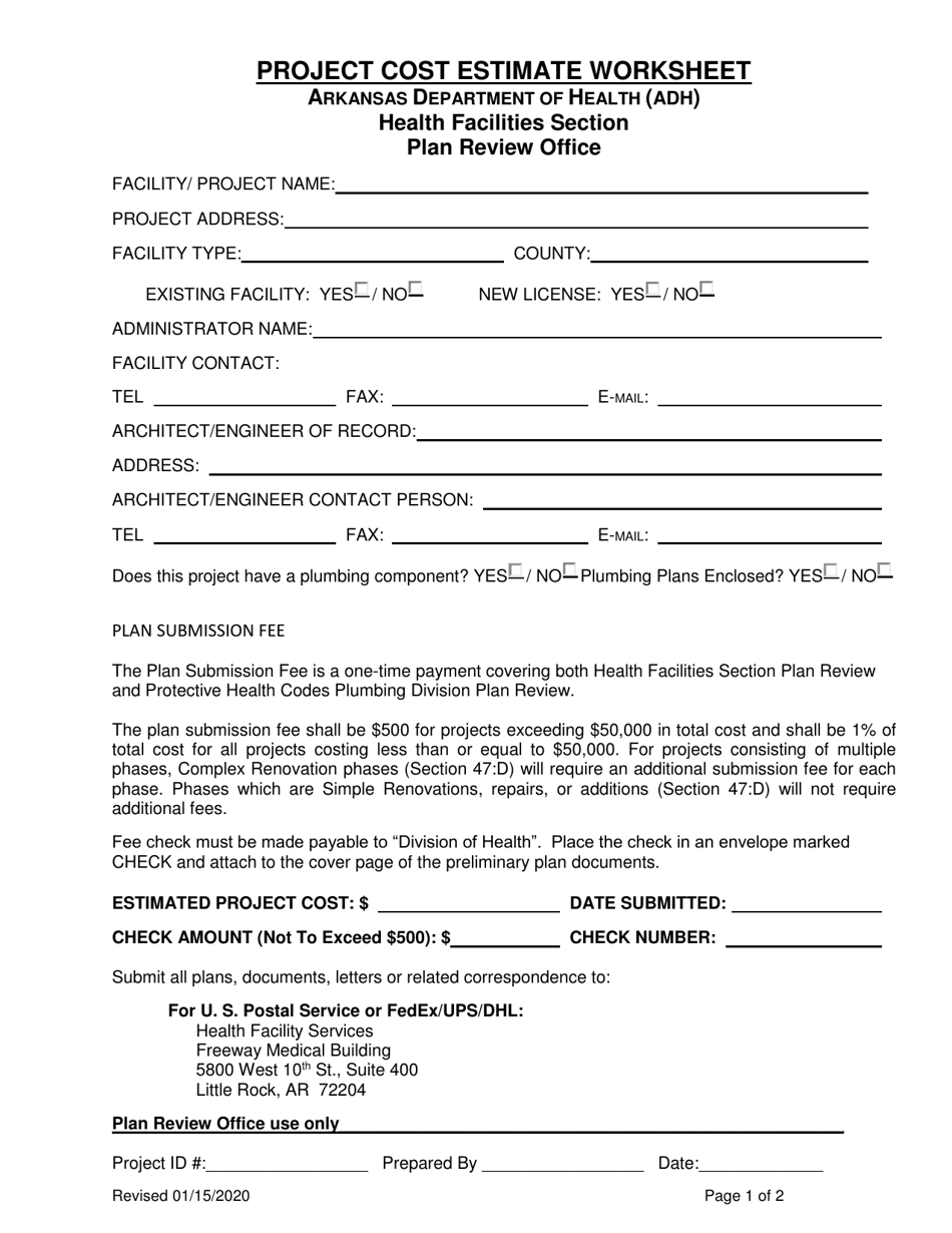 Project Cost Estimate Worksheet - Arkansas, Page 1