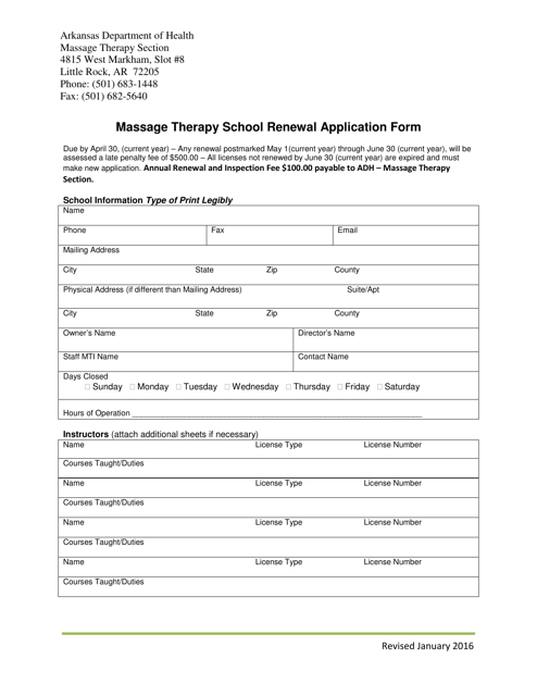 Massage Therapy School Renewal Application Form - Arkansas Download Pdf