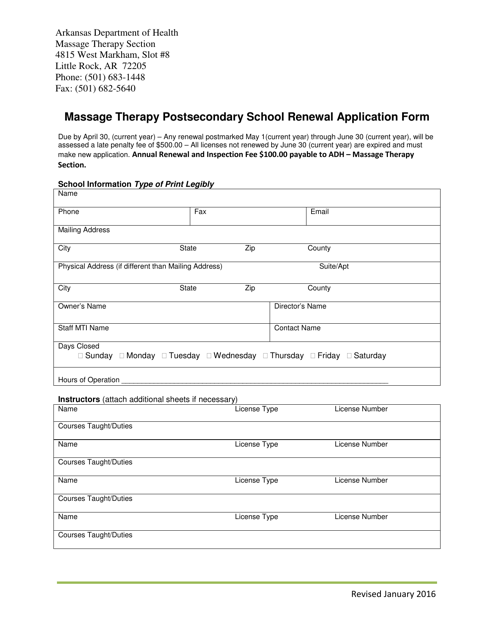 Massage Therapy Postsecondary School Renewal Application Form - Arkansas Download Pdf