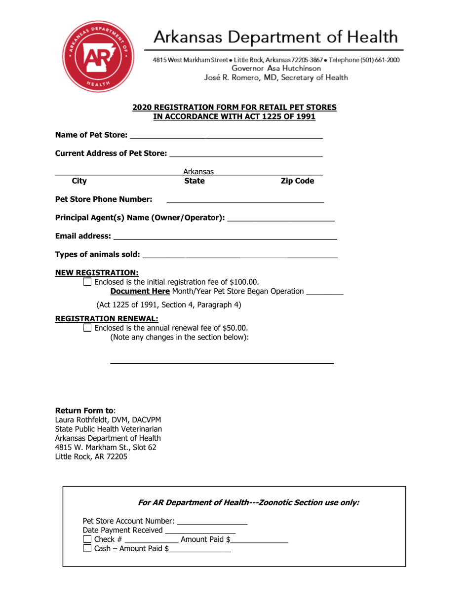 Registration Form for Retail Pet Stores - Arkansas, Page 1