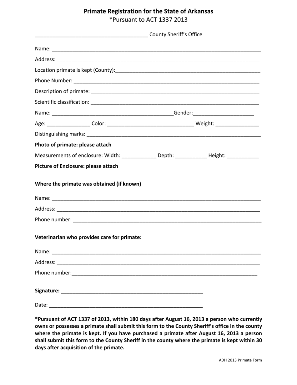 Arkansas Primate Registration for the State of Arkansas - Fill Out, Sign Online and Download PDF ...