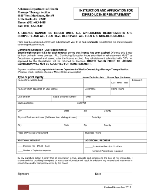 Application for Expired License Reinstatement - Arkansas Download Pdf