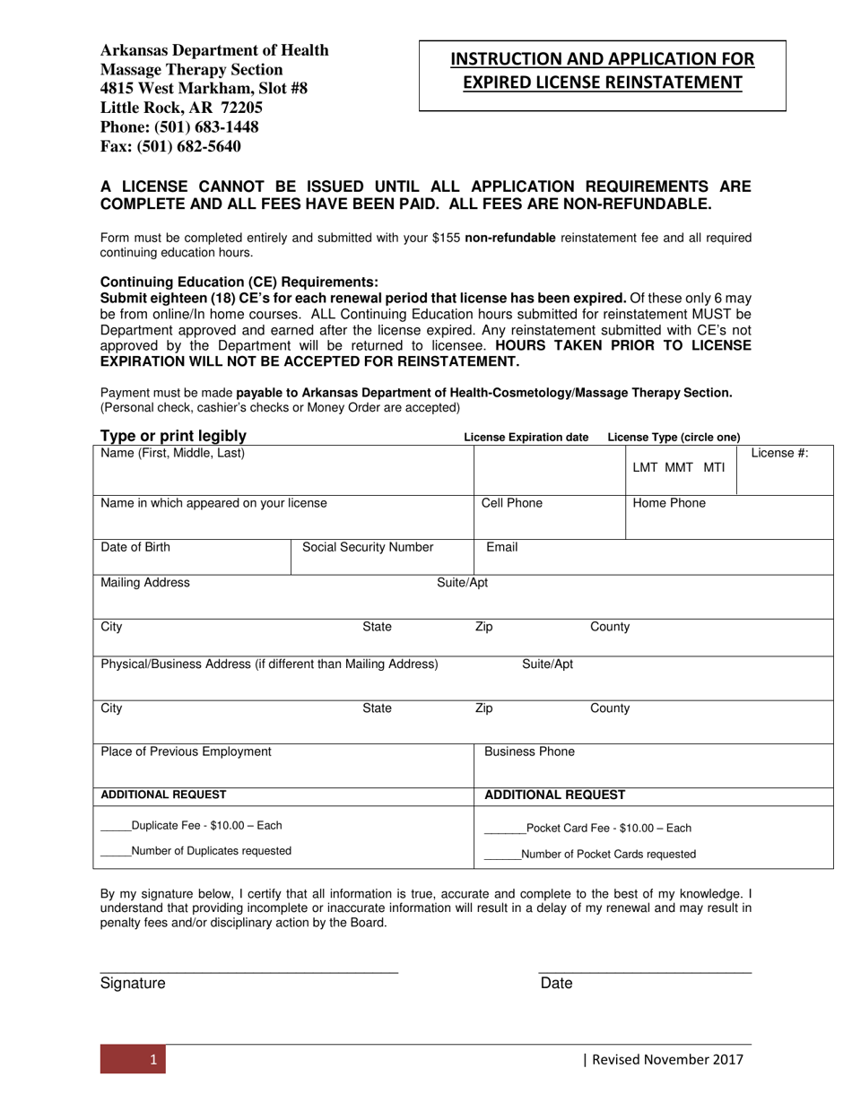 Application for Expired License Reinstatement - Arkansas, Page 1