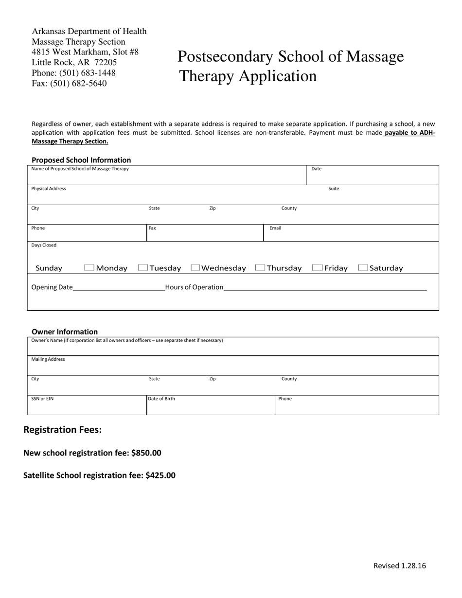 Postsecondary School of Massage Therapy Application - Arkansas, Page 1