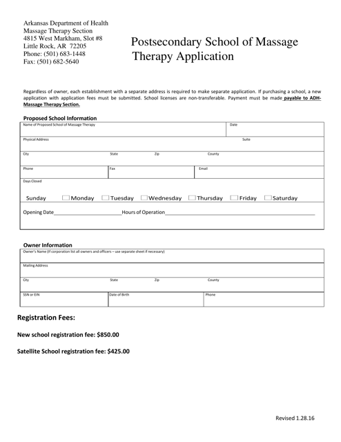 Postsecondary School of Massage Therapy Application - Arkansas