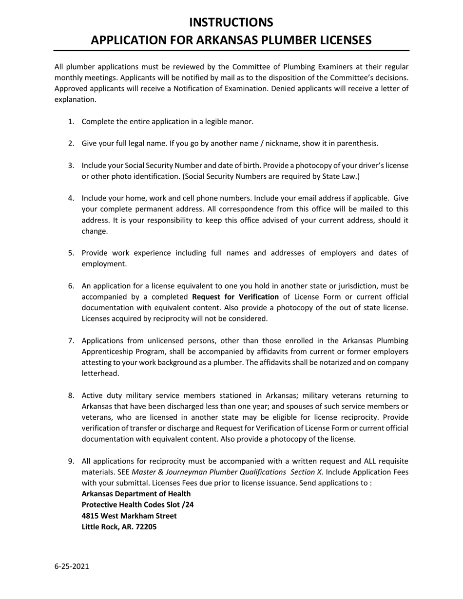 Instructions for Plumber Exam Application - Arkansas, Page 1