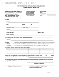Document preview: Application for Examination and Licensing as a Plumbing Inspector - Arkansas