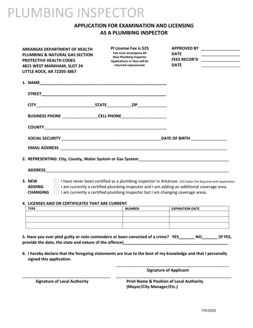 Application for Examination and Licensing as a Plumbing Inspector - Arkansas Download Pdf