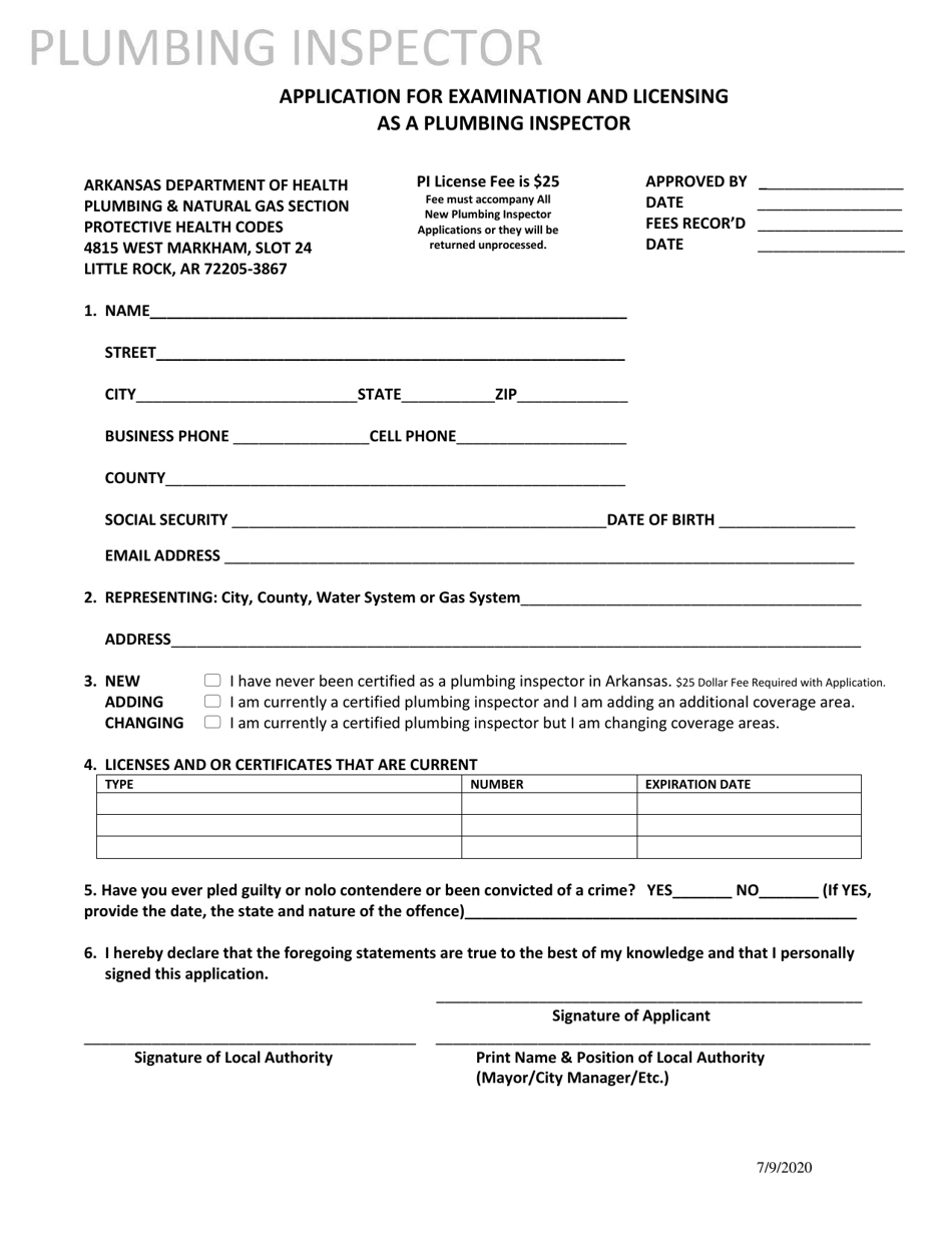 Application for Examination and Licensing as a Plumbing Inspector - Arkansas, Page 1