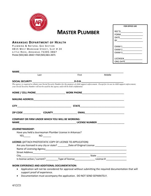 Application for Master Plumber - Arkansas
