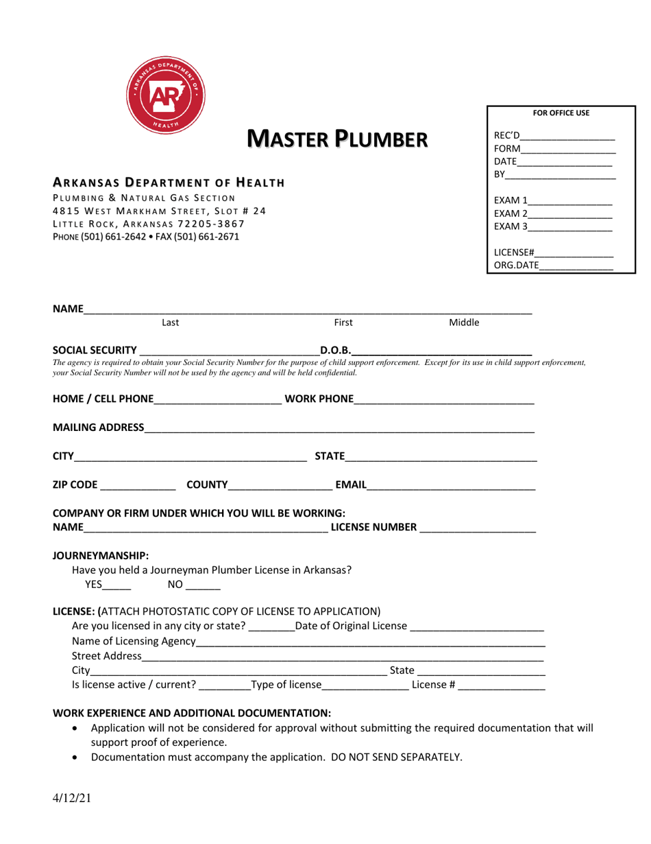 Application for Master Plumber - Arkansas, Page 1