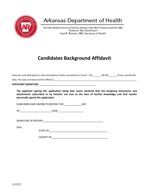 Candidates Background Affidavit - Arkansas Download Pdf