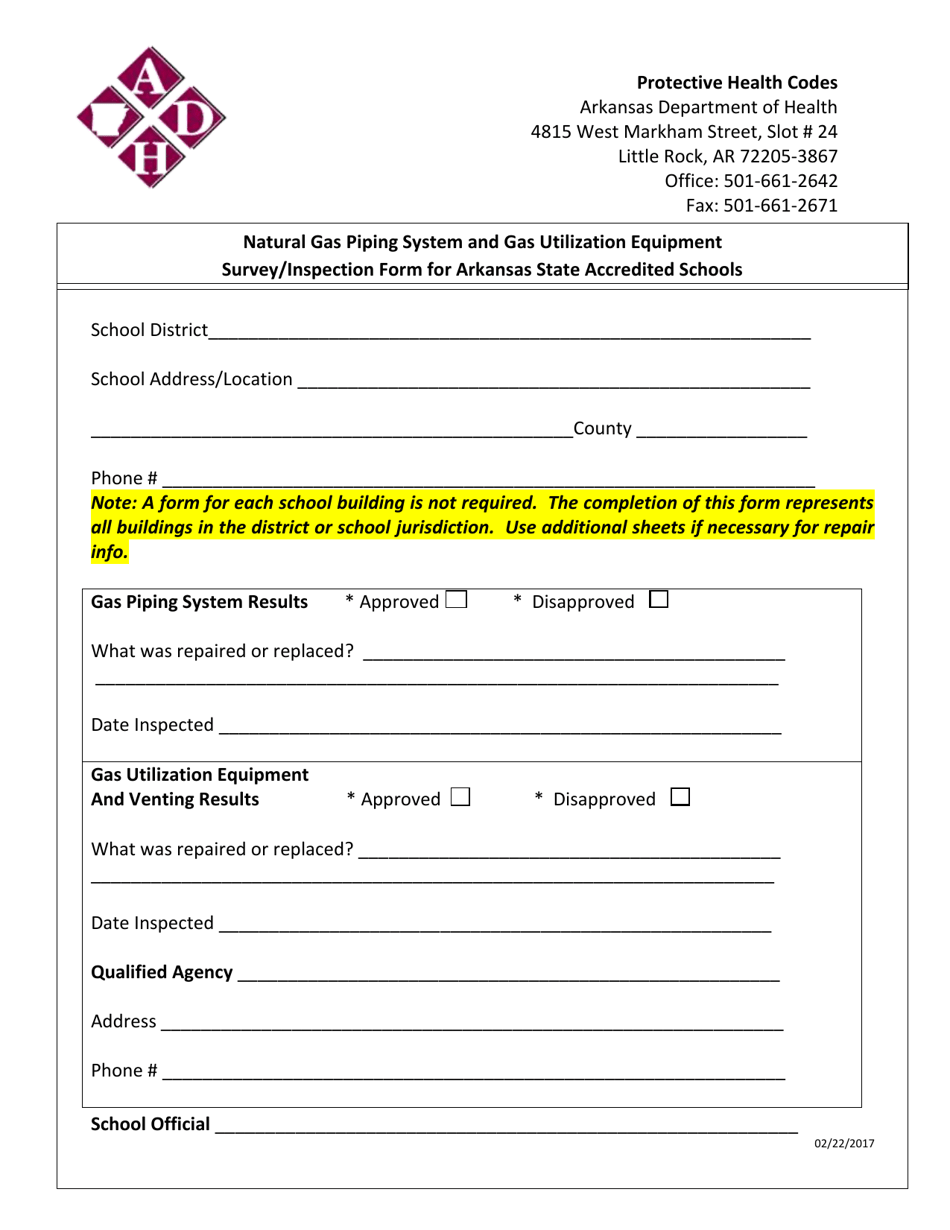 Natural Gas Piping System and Gas Utilization Equipment Survey / Inspection Form for Arkansas State Accredited Schools - Arkansas, Page 1