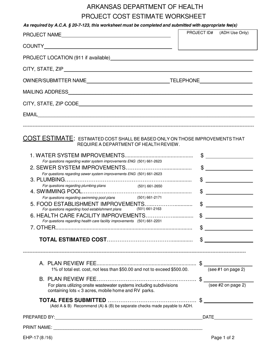 Form EHP-17 Project Cost Estimate Worksheet - Arkansas, Page 1