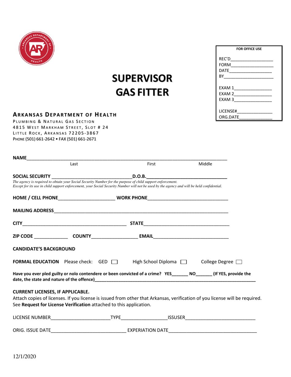 Application for Supervisor Gas Fitter - Arkansas, Page 1