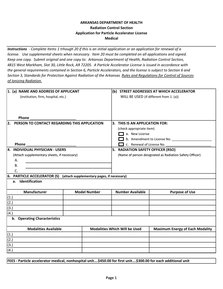Application for Medical Particle Accelerator License - Arkansas, Page 1