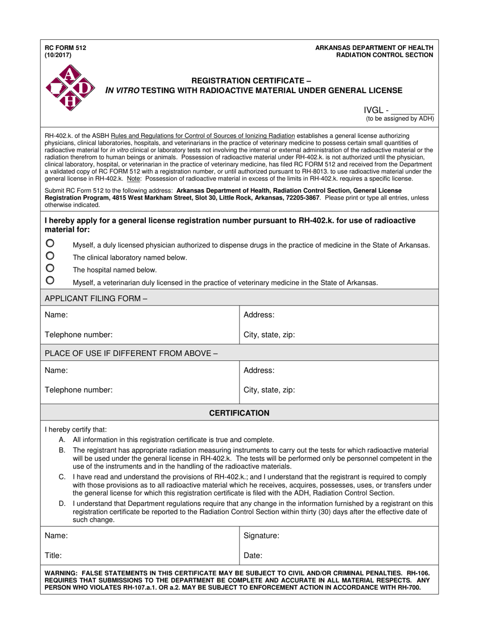 RC Form 512 Registration Certificate - in Vitro Testing With Radioactive Material Under General License - Arkansas, Page 1