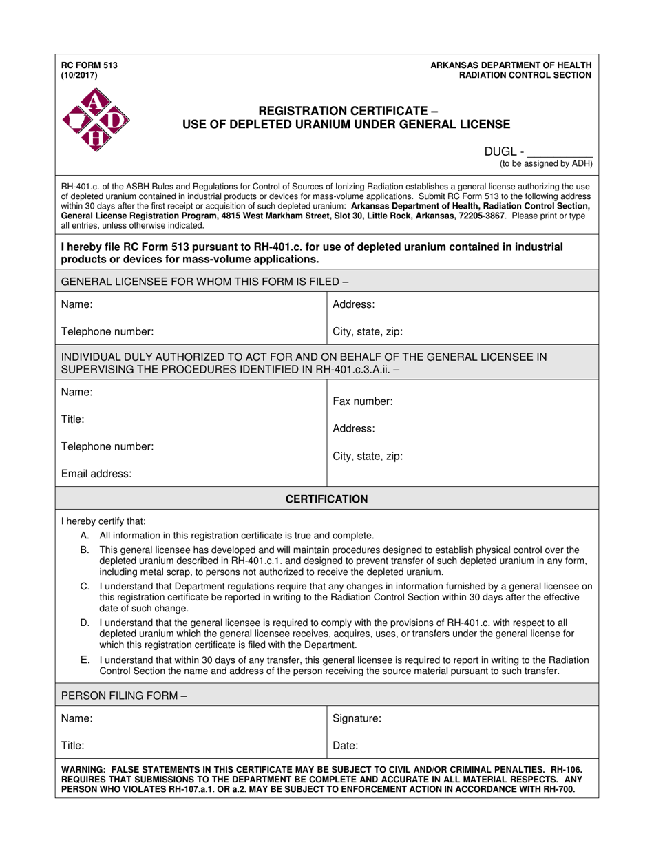 RC Form 513 Registration Certificate - Use of Depleted Uranium Under General License - Arkansas, Page 1