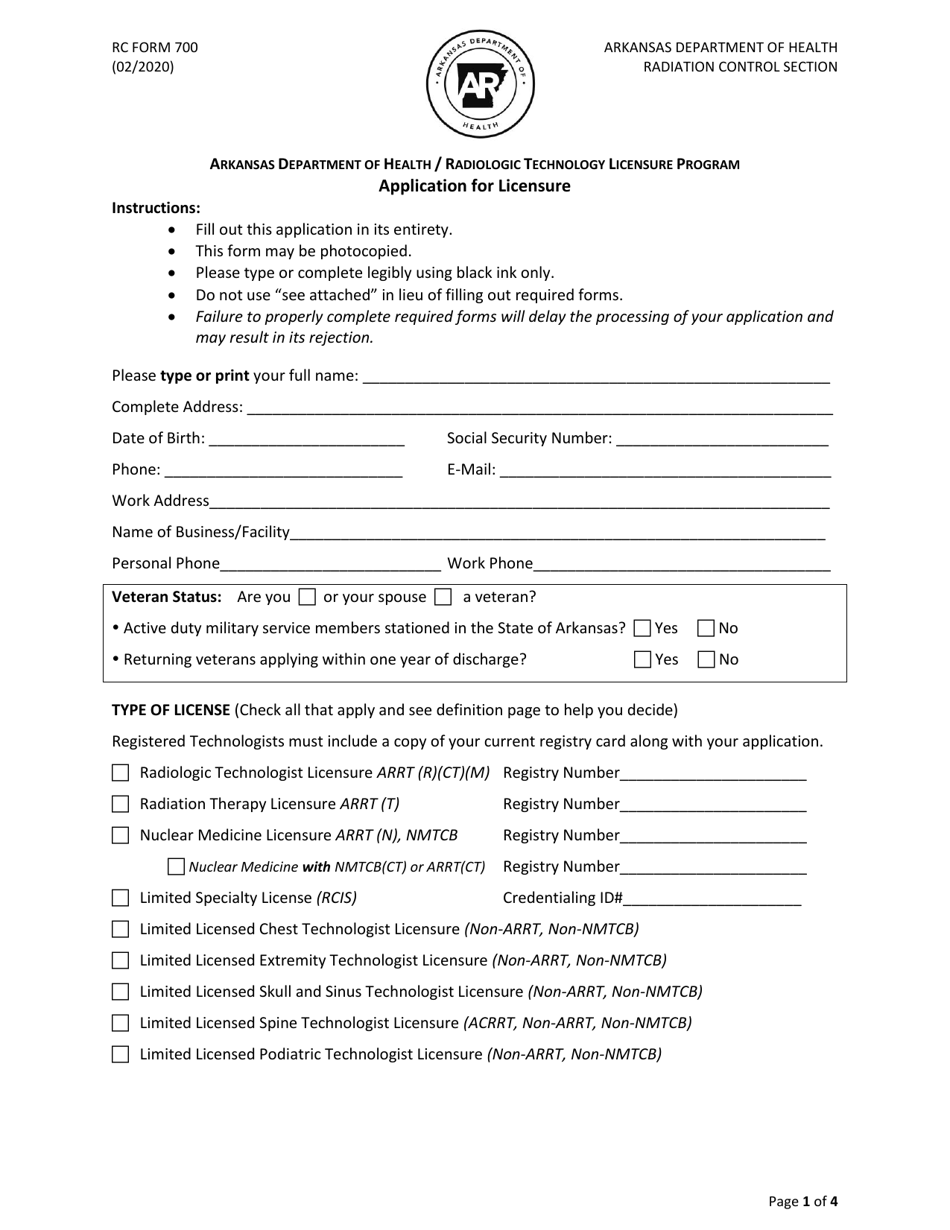 RC Form 700 Application for Licensure - Arkansas, Page 1