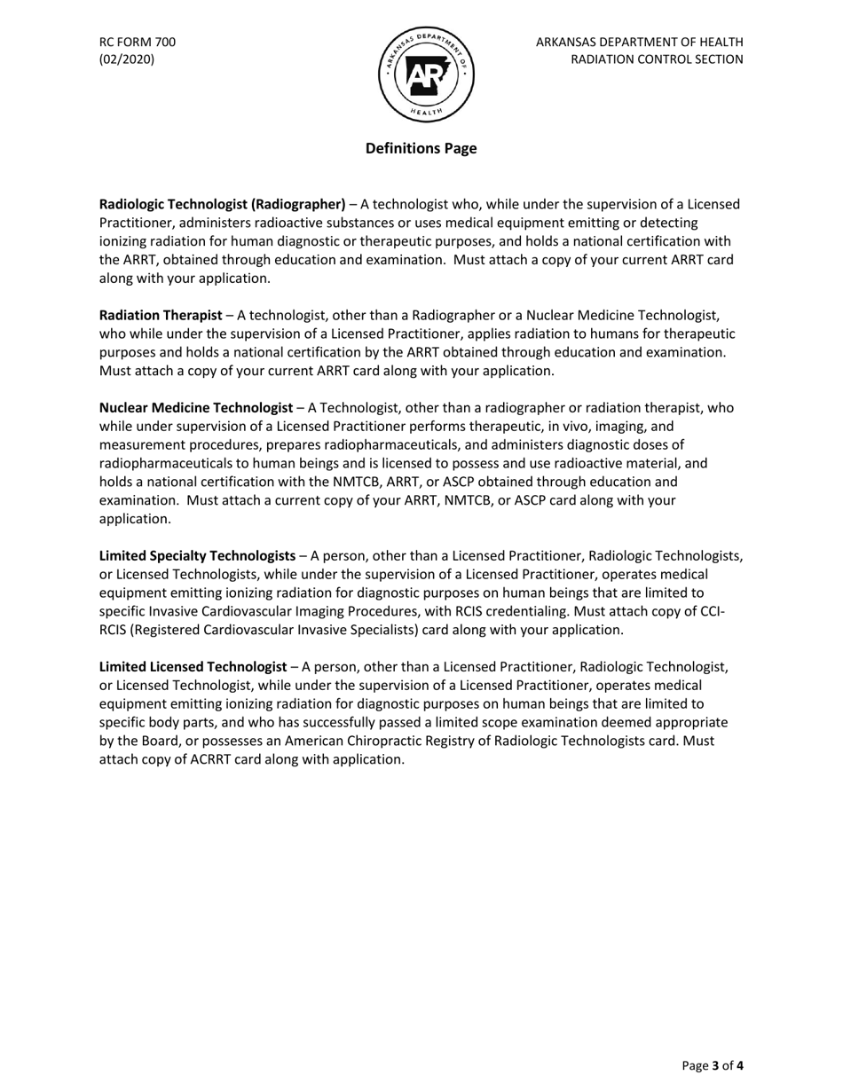 RC Form 700 Application for Licensure - Arkansas, Page 3