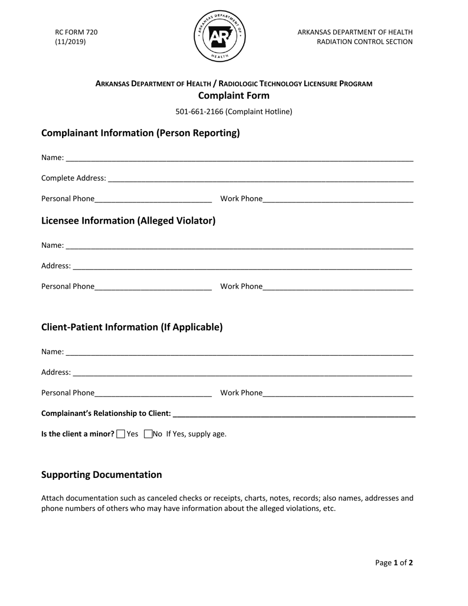 RC Form 720 Complaint Form - Arkansas, Page 1