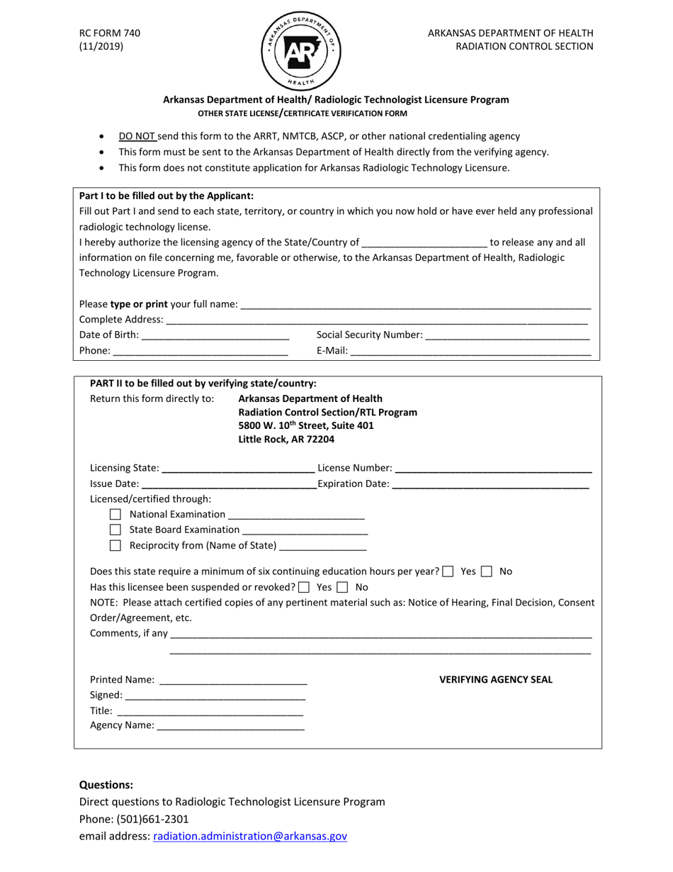 RC Form 740 Other State License / Certificate Verification Form - Arkansas, Page 1