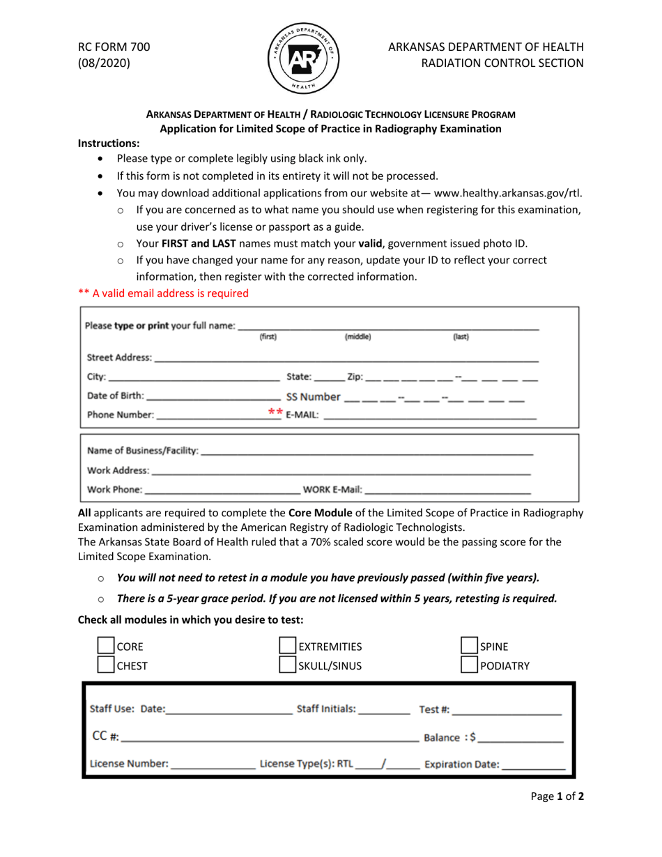 RC Form 700 Application for Limited Scope of Practice in Radiography Examination - Arkansas, Page 1