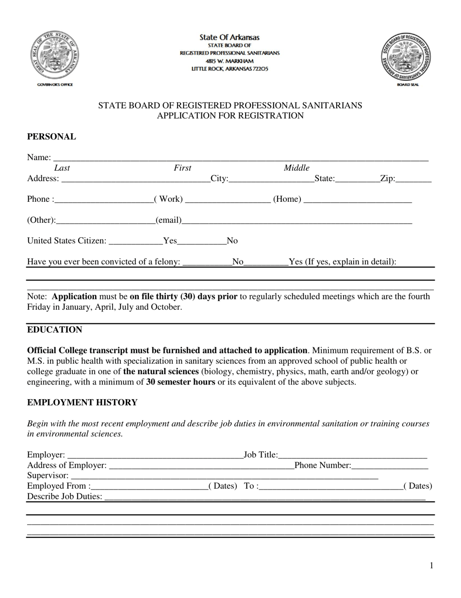 Application for Registration - State Board of Registered Professional Sanitarians - Arkansas, Page 1