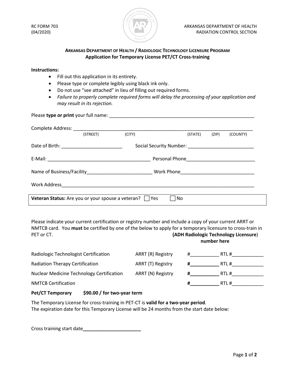 RC Form 703 Application for Temporary License Pet / Ct Cross-training - Arkansas, Page 1