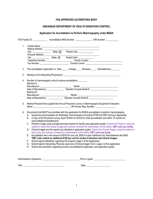 Application for Accreditation to Perform Mammography Under Mqsa - Arkansas Download Pdf