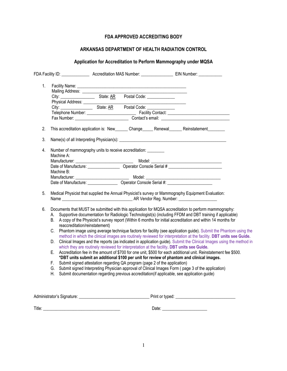Application for Accreditation to Perform Mammography Under Mqsa - Arkansas, Page 1