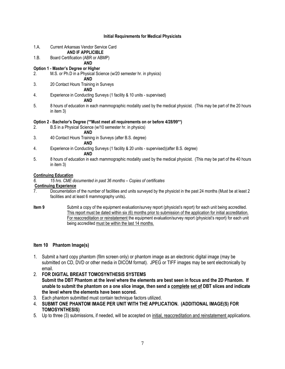 Application for Accreditation to Perform Mammography Under Mqsa - Arkansas, Page 7