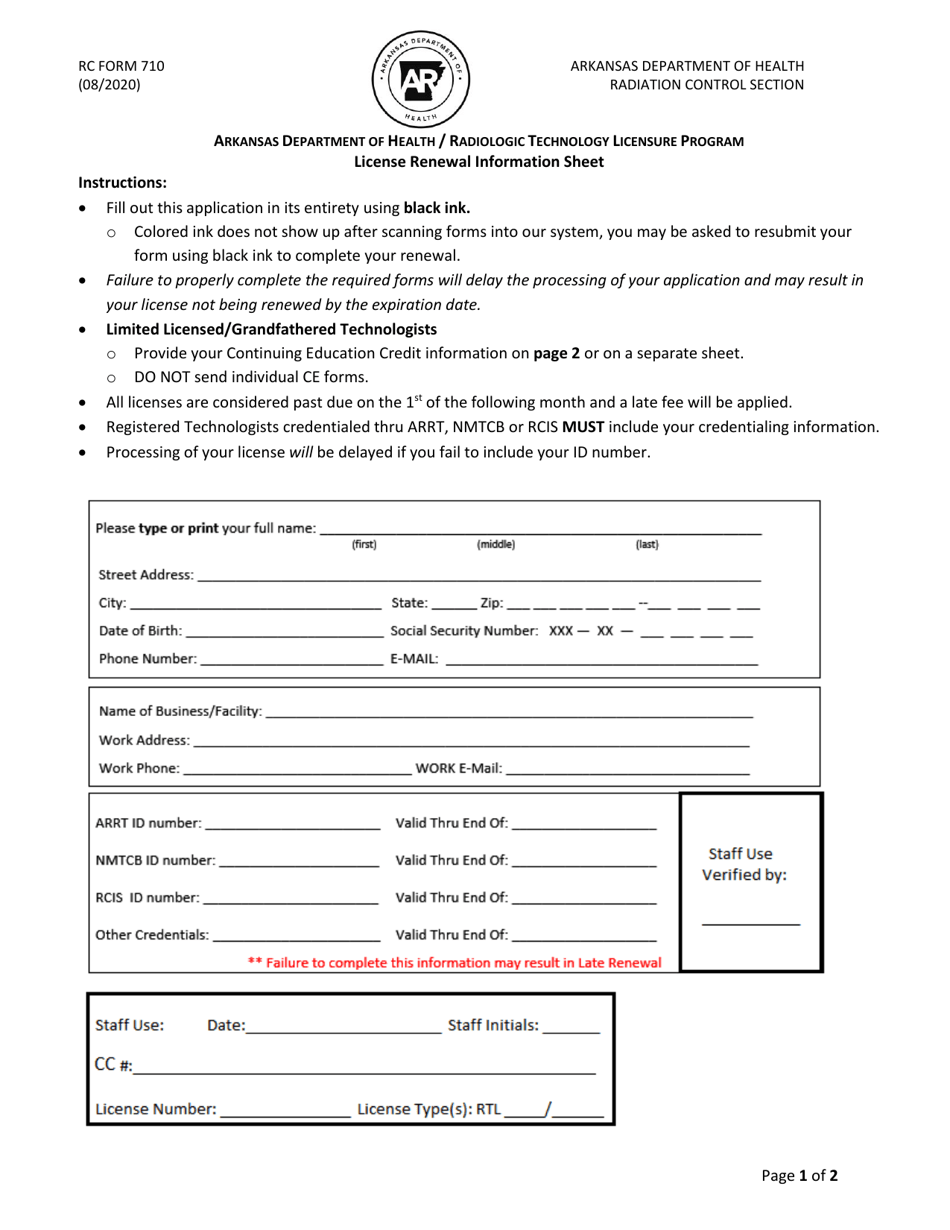 RC Form 710 License Renewal Form - Arkansas, Page 1