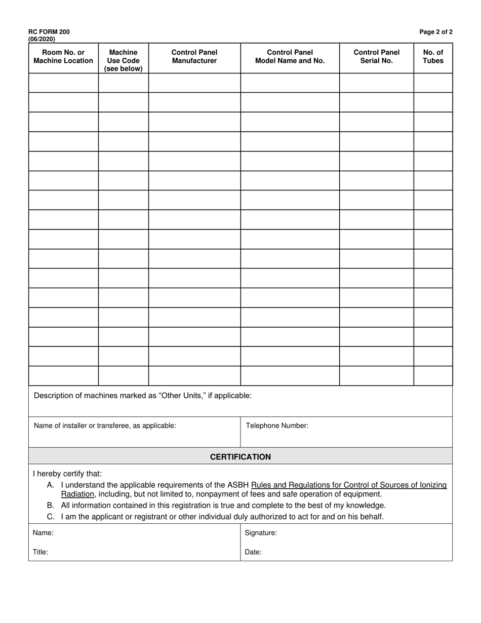 RC Form 200 Radiation Machine Facility Registration - Arkansas, Page 2