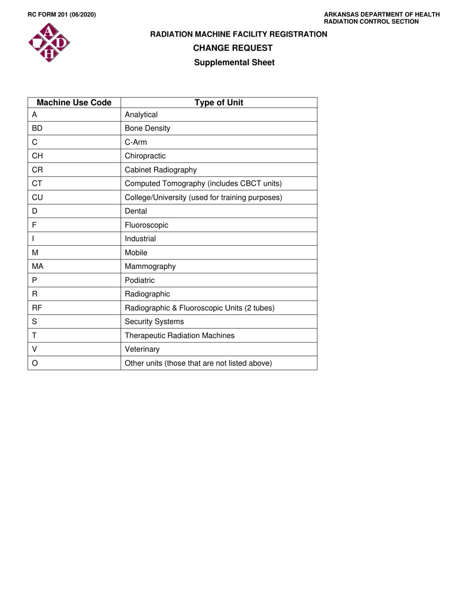 RC Form 201 Radiation Machine Facility Registration Change Request - Arkansas, Page 2