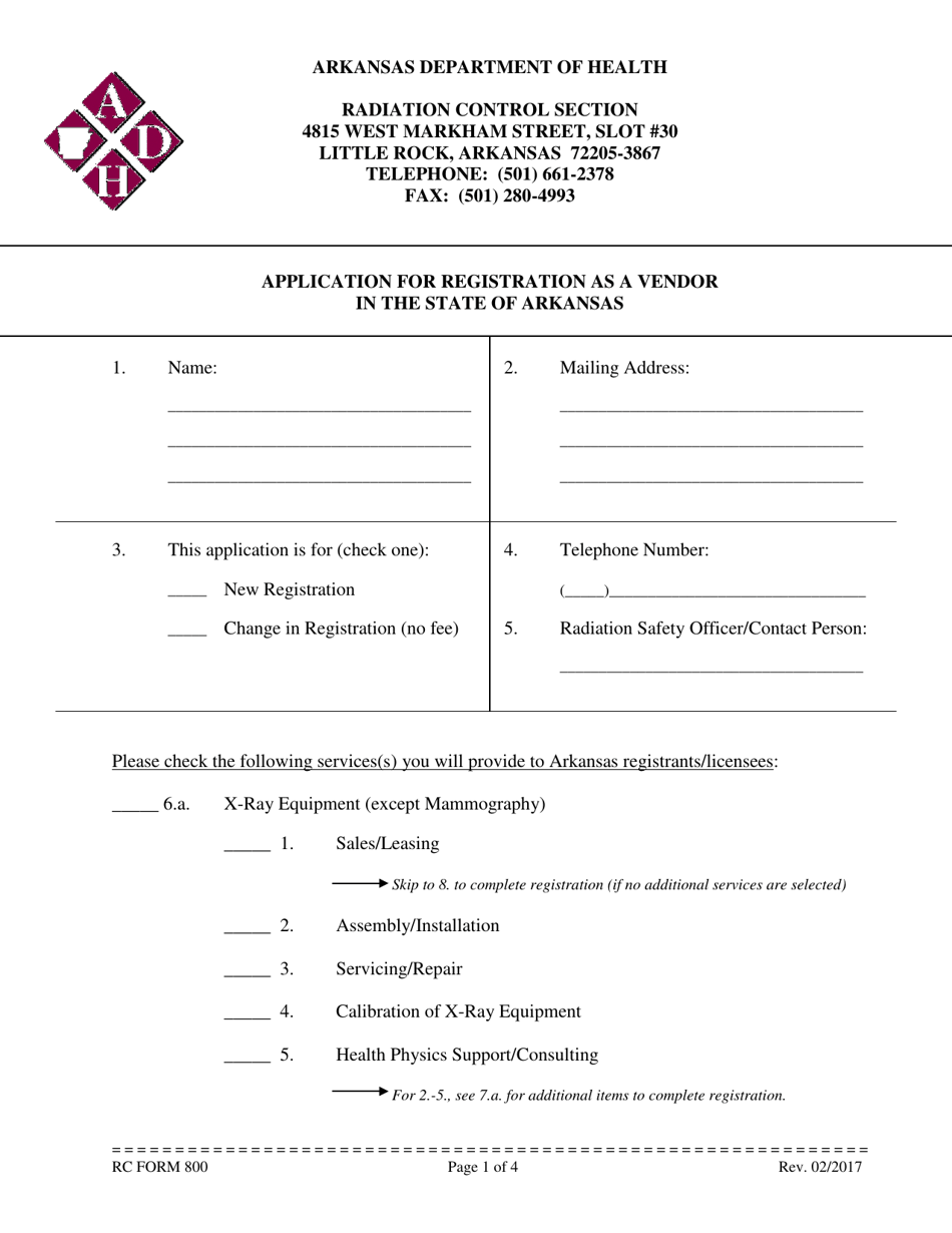 RC Form 800 Application for Registration as a Vendor in the State of Arkansas - Arkansas, Page 1