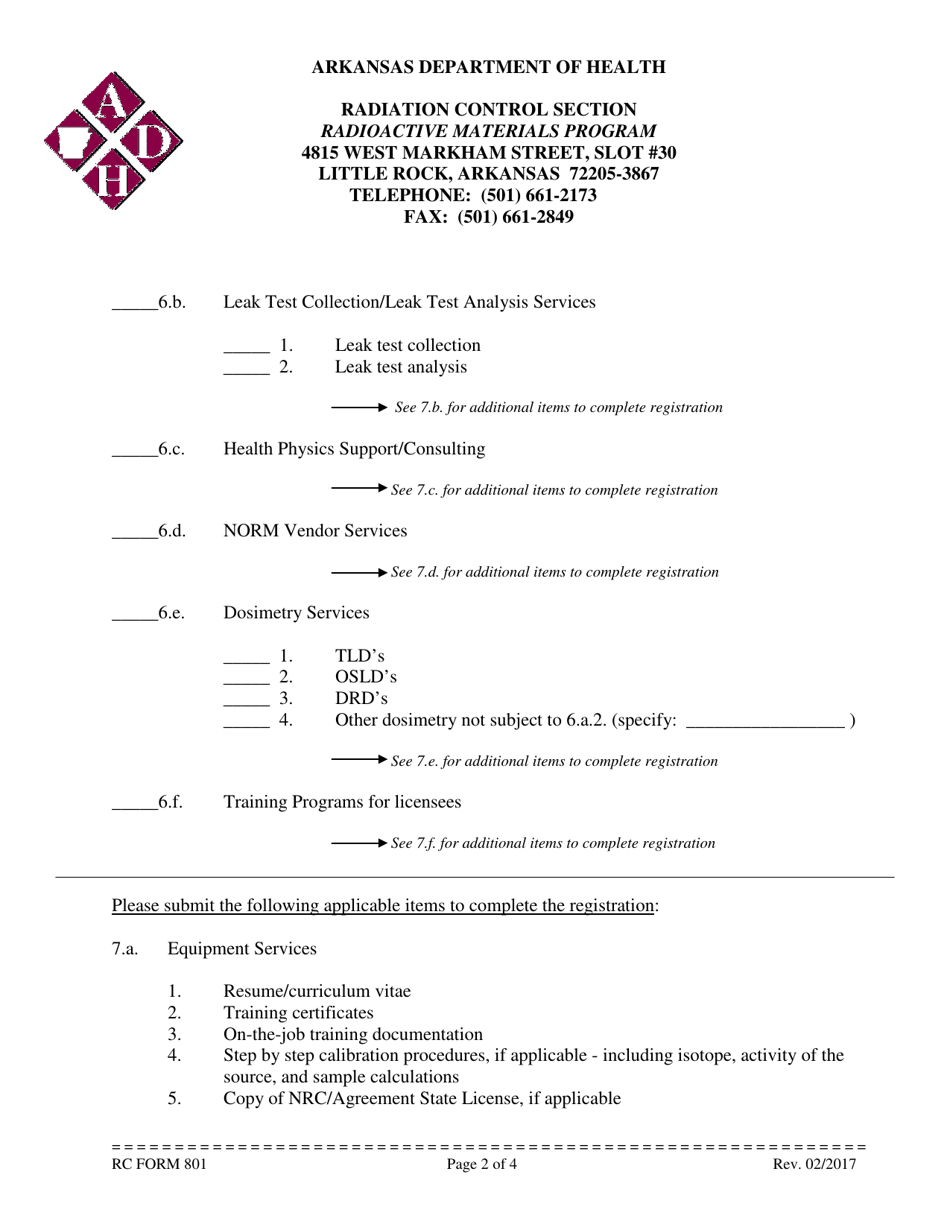 RC Form 801 Application for Registration as a Vendor in the State of Arkansas - Radioactive Materials Program - Arkansas, Page 2