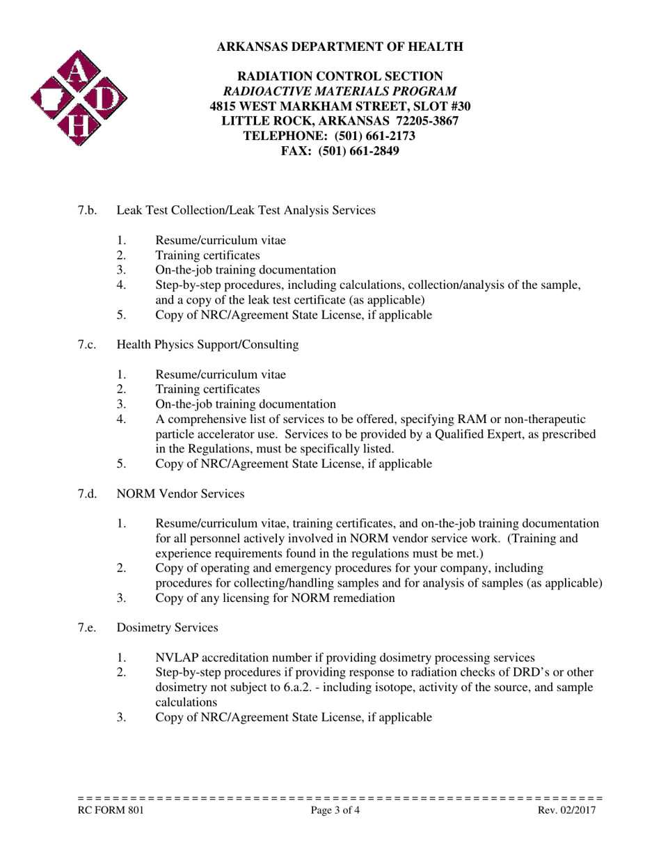 RC Form 801 Application for Registration as a Vendor in the State of Arkansas - Radioactive Materials Program - Arkansas, Page 3
