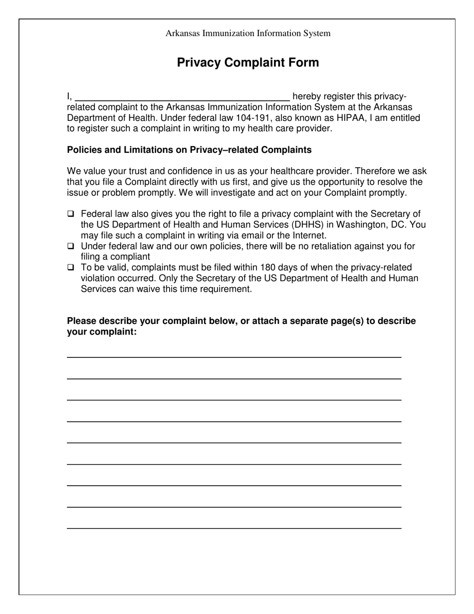 Privacy Complaint Form - Arkansas, Page 1