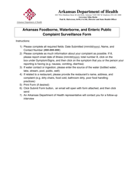 Document preview: Arkansas Foodborne, Waterborne, and Enteric Public Complaint Surveillance Form - Arkansas