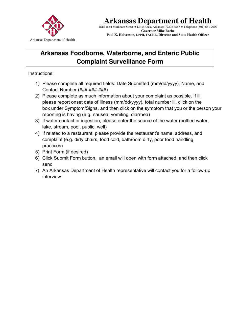 Arkansas Foodborne, Waterborne, and Enteric Public Complaint Surveillance Form - Arkansas, Page 1
