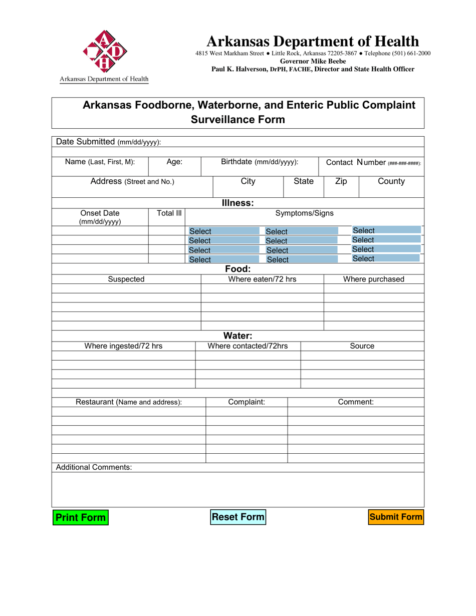 Arkansas Foodborne, Waterborne, and Enteric Public Complaint Surveillance Form - Arkansas, Page 2